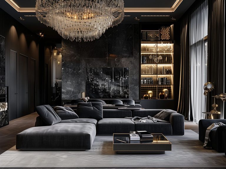 Czarny narożnik do eleganckiego salonu glamour