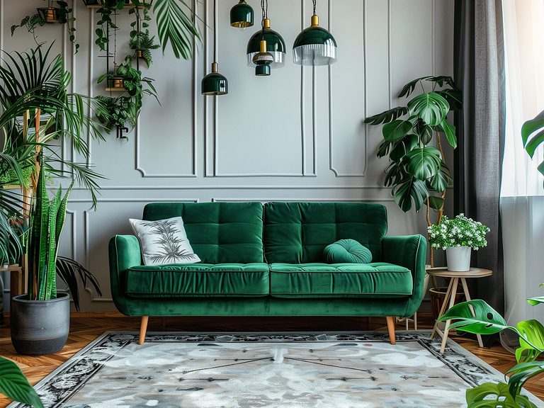 Kanapy do salonu w kolorze zielonym w stylowej aranżacji salonu