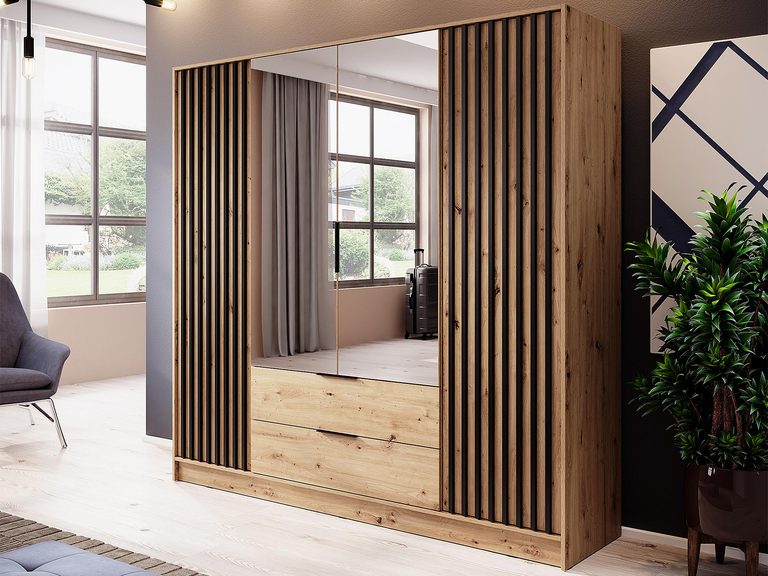 Szafa do sypialni z czarnymi dodatkami na frontach