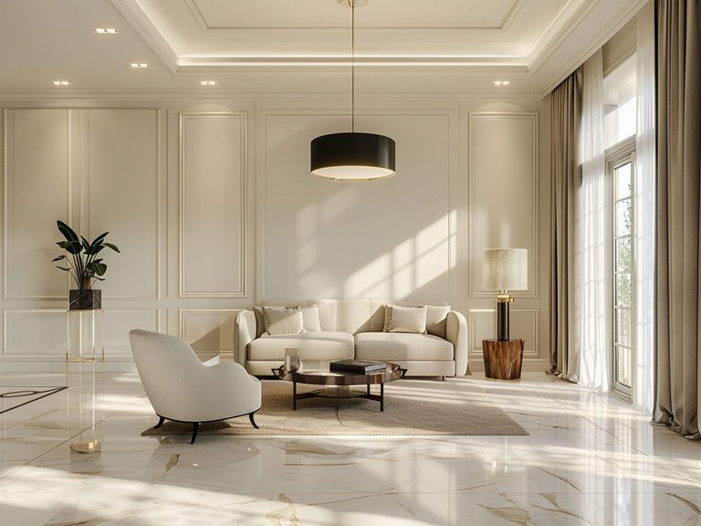 Nowoczesny salon z jasną sofą i białymi fotelami, przestronny nowoczesny salon.