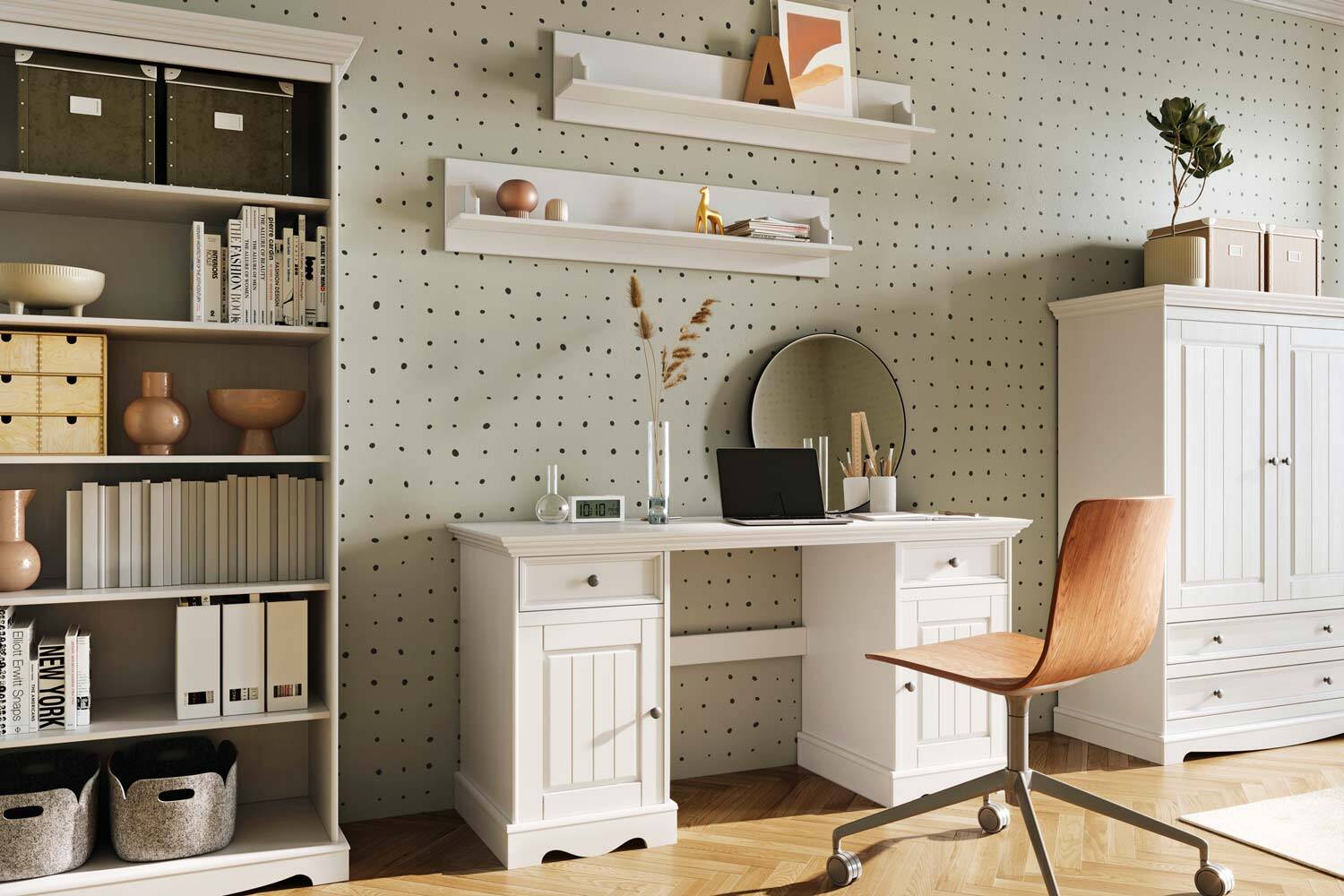 Białe meble do pokoju młodzieżowego z biurkiem i regałem