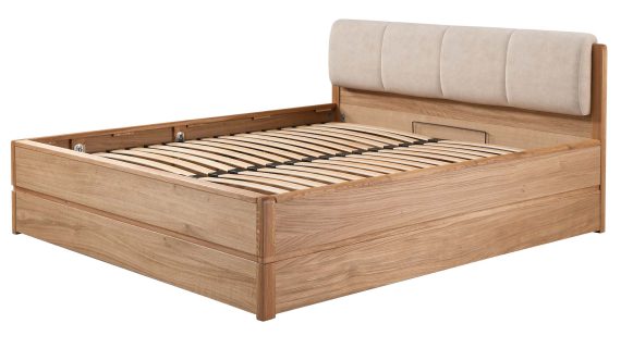 Miniaturka 7 - Łóżko z beżowym zagłówkiem i dębową ramą