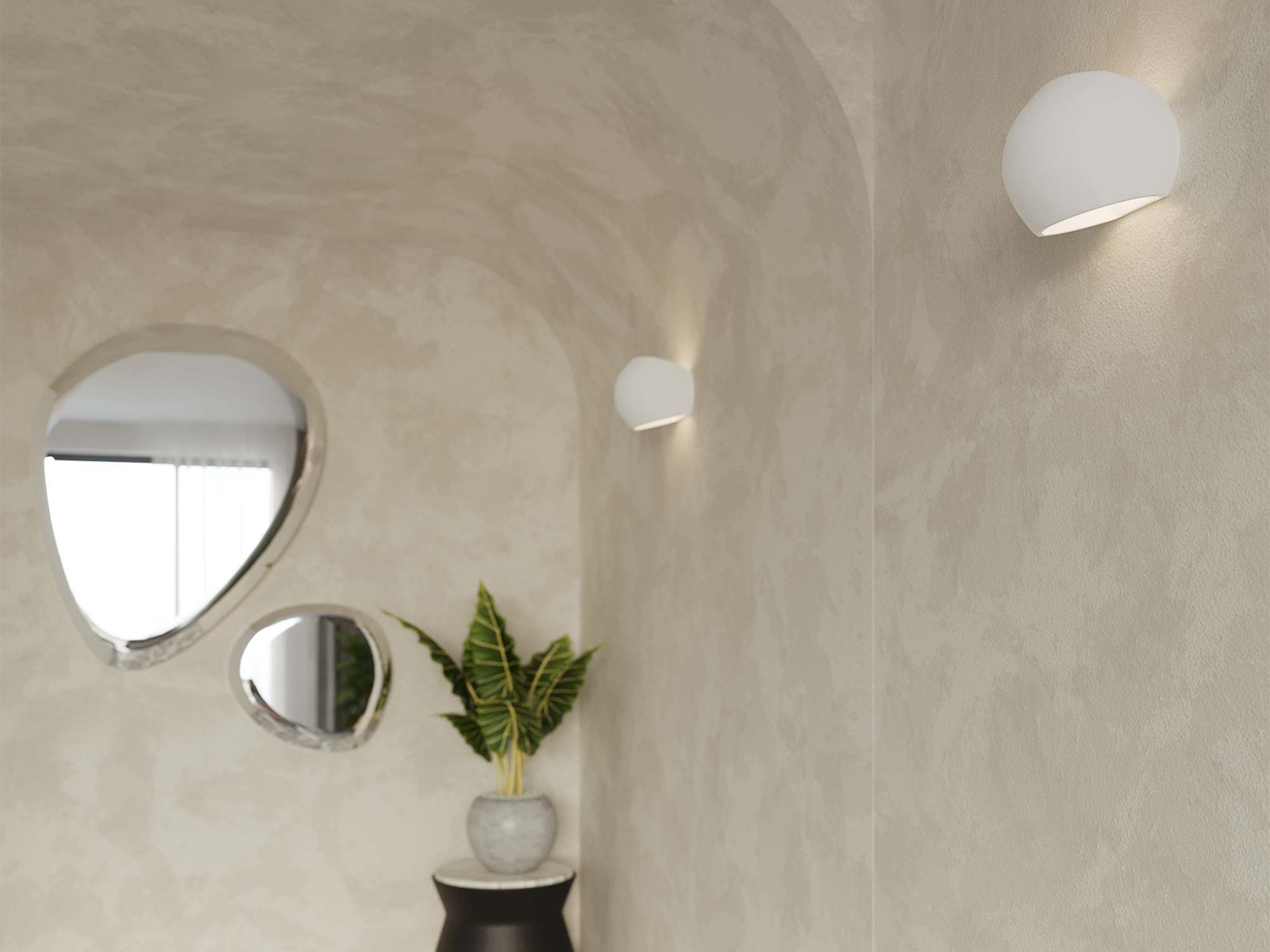 Oświetlenie w beżowej łazience w stylu organicznym z ceramicznymi kinkietami Oświetlenie w beżowej łazience w stylu organicznym z ceramicznymi kinkietami