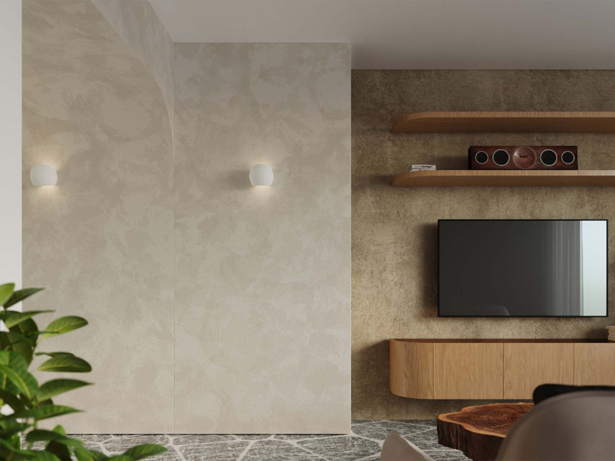 Jasny salon z kinkietami LED przy minimalistycznej ścianie Jasny salon z kinkietami LED przy minimalistycznej ścianie