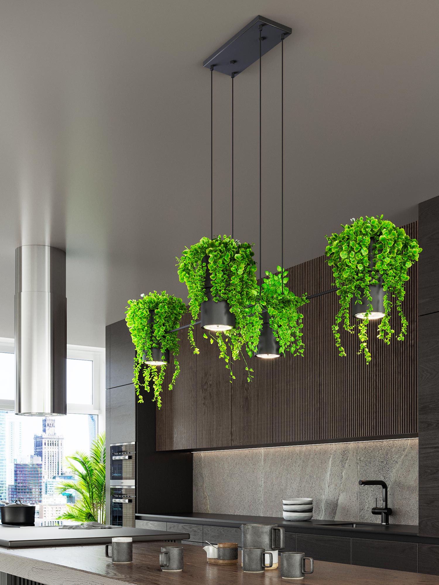 Lampa wisząca z zielenią, nowoczesne oświetlenie do loftu