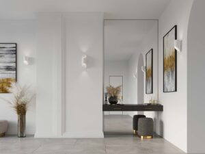 Miniaturka 6 - Elegancki hol z białymi kinkietami cylindrycznymi i toaletką