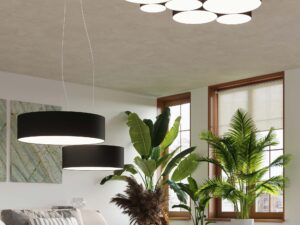Miniaturka 11 - Aranżacja salonu z czarnymi lampami bęben i roślinami