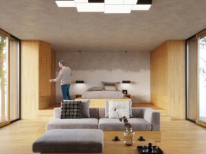 Miniaturka 10 - Nowoczesny salon z czarnymi plafonami kwadratowymi i sofą