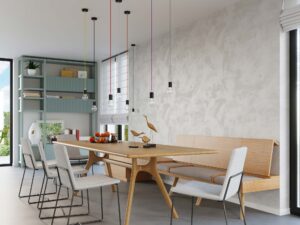 Miniaturka 3 - Jadalnia w stylu skandynawskim z minimalistycznymi żarówkami LED