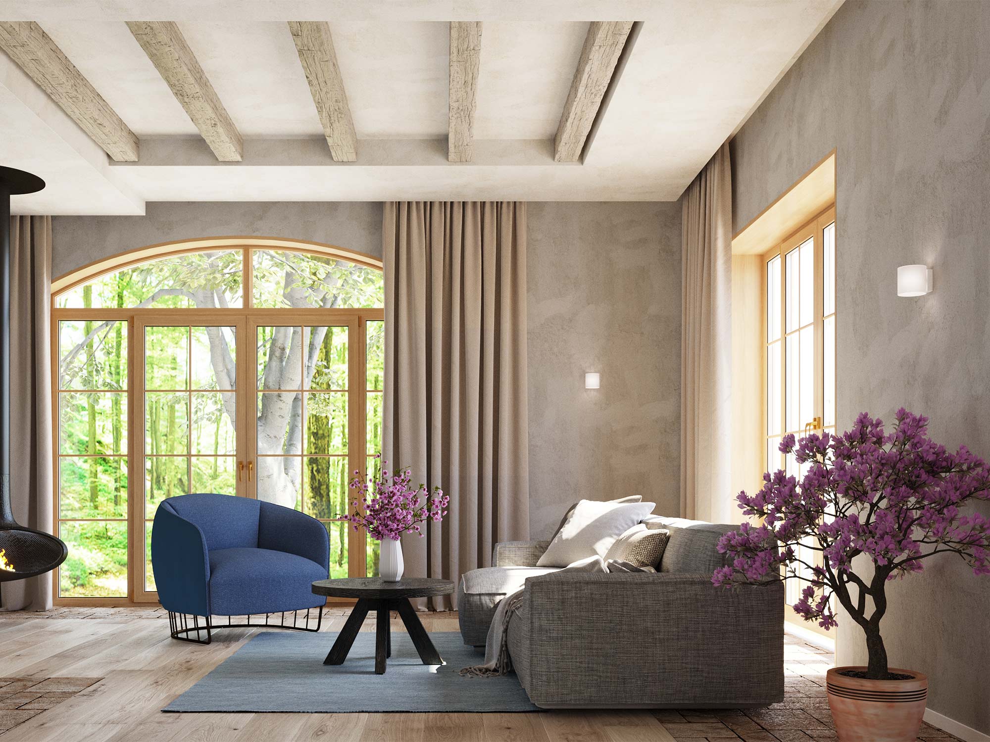 Przytulny salon z sofą i białym kinkietem LED – aranżacja rustykalna Przytulny salon z sofą i białym kinkietem LED – aranżacja rustykalna