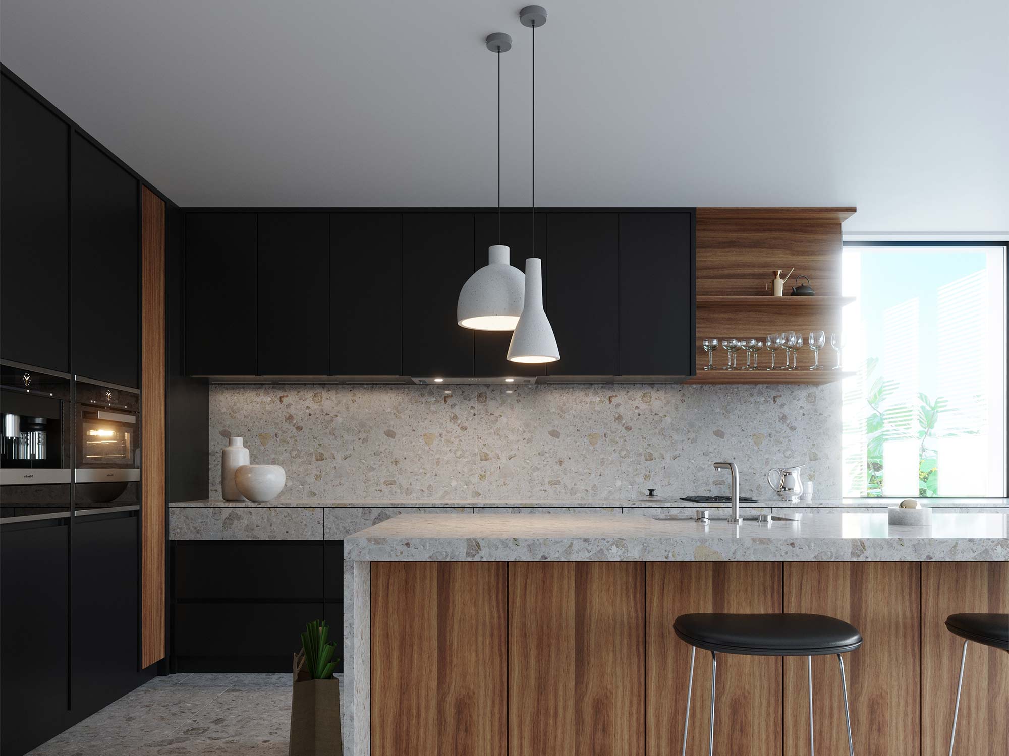 Betonowa lampa wisząca w kuchni z czarnymi szafkami – styl loftowy Betonowa lampa wisząca w kuchni z czarnymi szafkami – styl loftowy