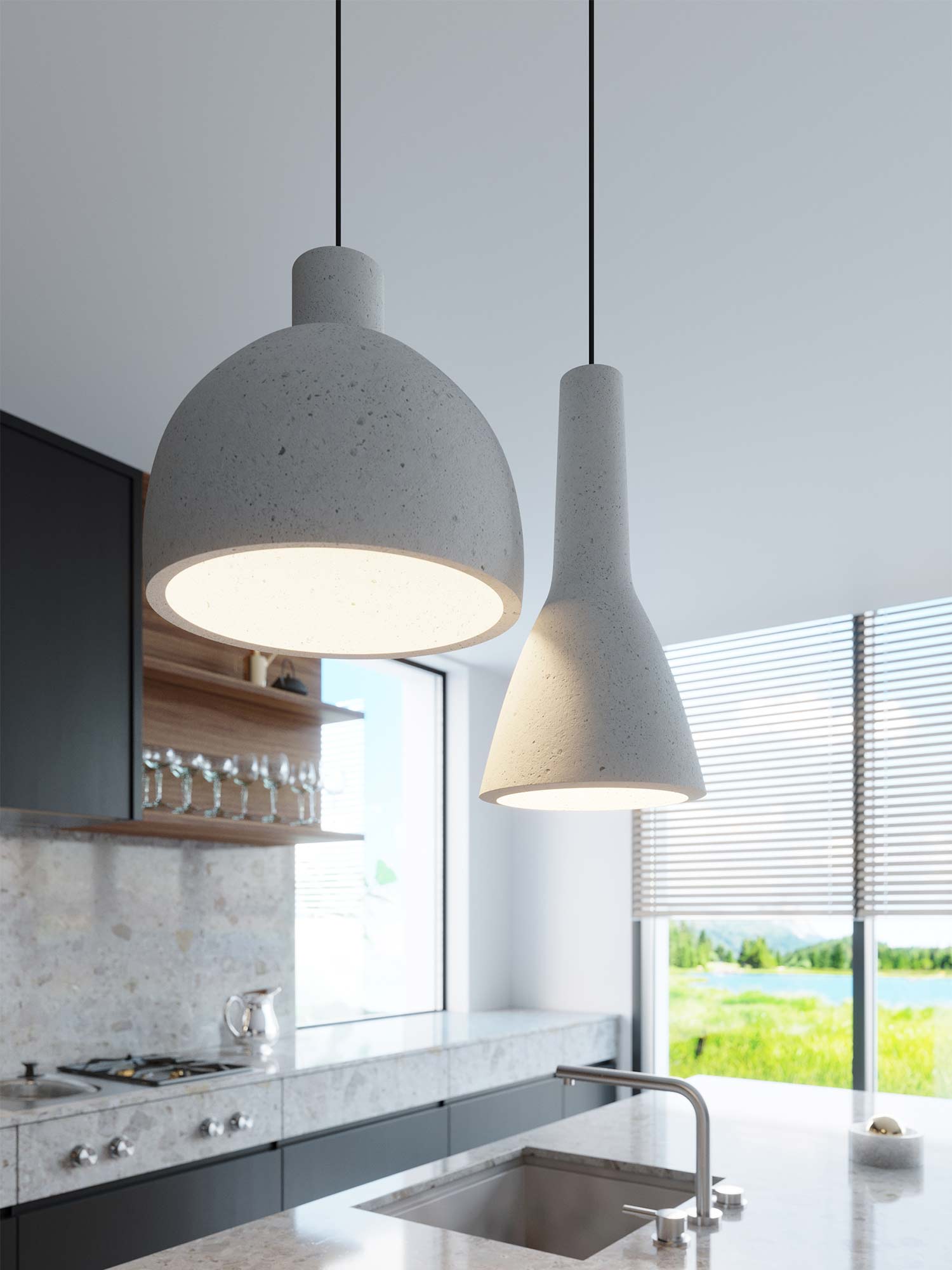 Betonowa lampa nad wyspą kuchenną – nowoczesna aranżacja w stylu industrialnym Betonowa lampa nad wyspą kuchenną – nowoczesna aranżacja w stylu industrialnym