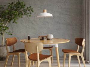 Miniaturka 4 - Jadalnia z drewnianym stołem i betonową lampą – styl skandynawski