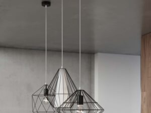 Miniaturka 12 - Zbliżenie trzech czarnych lamp wiszących geometrycznych