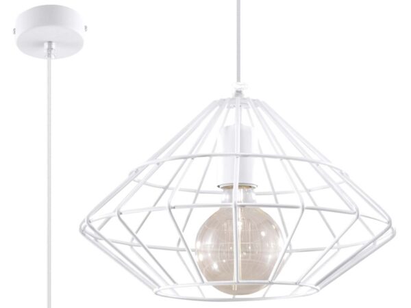 Lampa wisząca biała z szerokim drucianym kloszem diamentowym