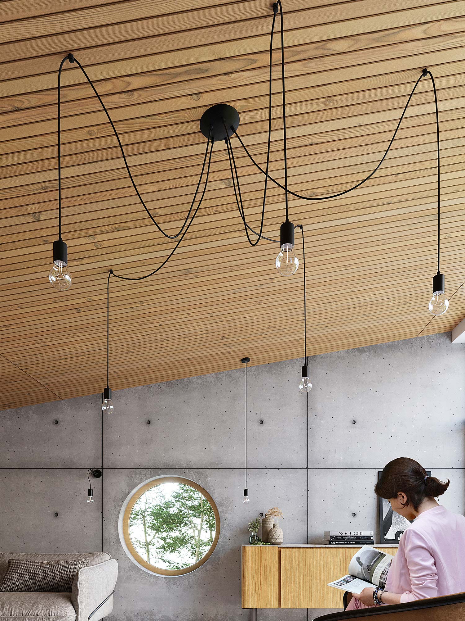 Lampa wisząca z przewodami na sufit drewniany – styl industrialny Lampa wisząca z przewodami na sufit drewniany – styl industrialny