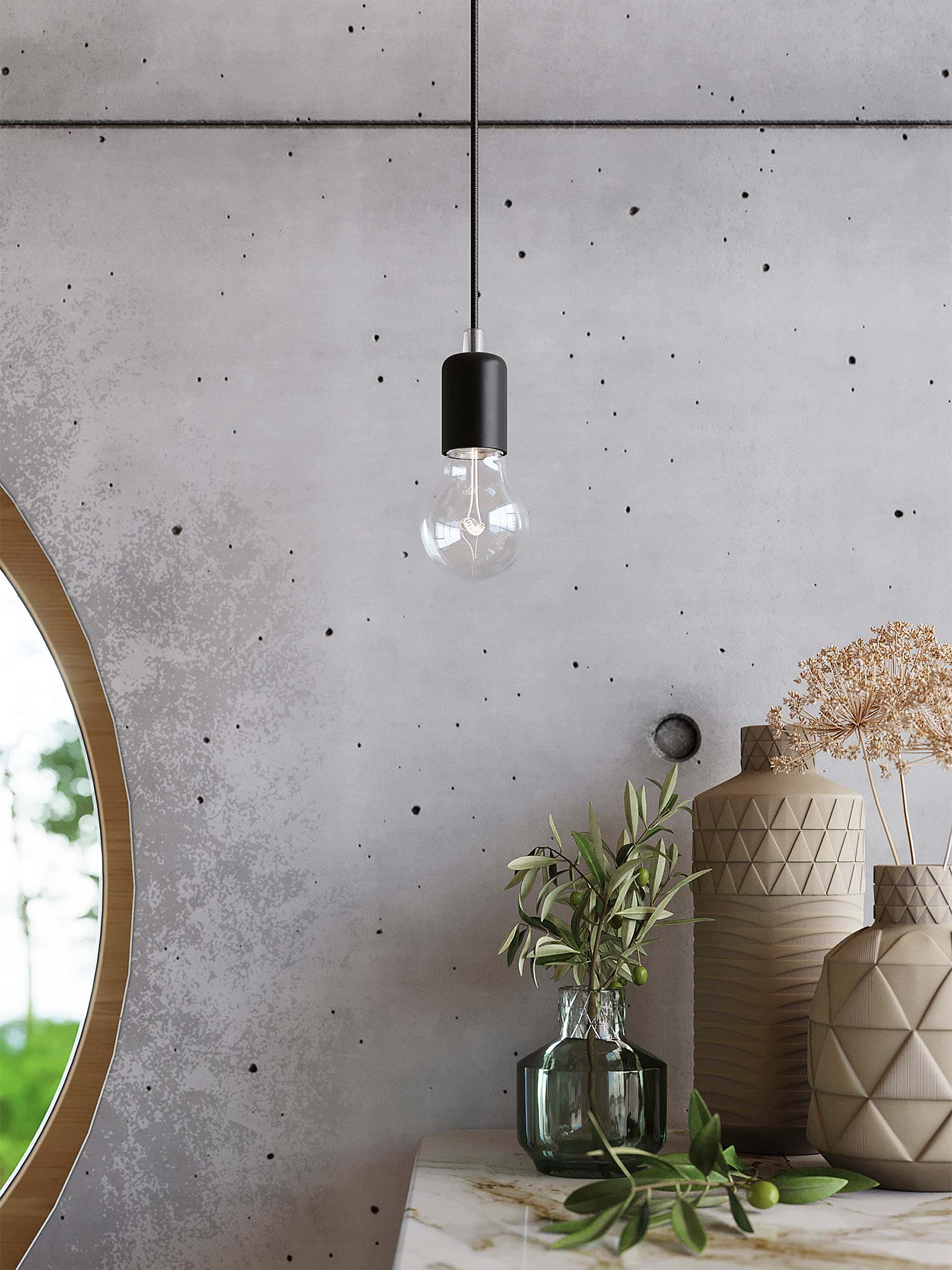 Nowoczesna lampa z czarnymi przewodami zawieszona pod drewnianym sufitem Nowoczesna lampa z czarnymi przewodami zawieszona pod drewnianym sufitem