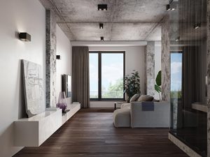 Miniaturka 10 - Salon z betonową ścianą i czarną lampą LED natynkową