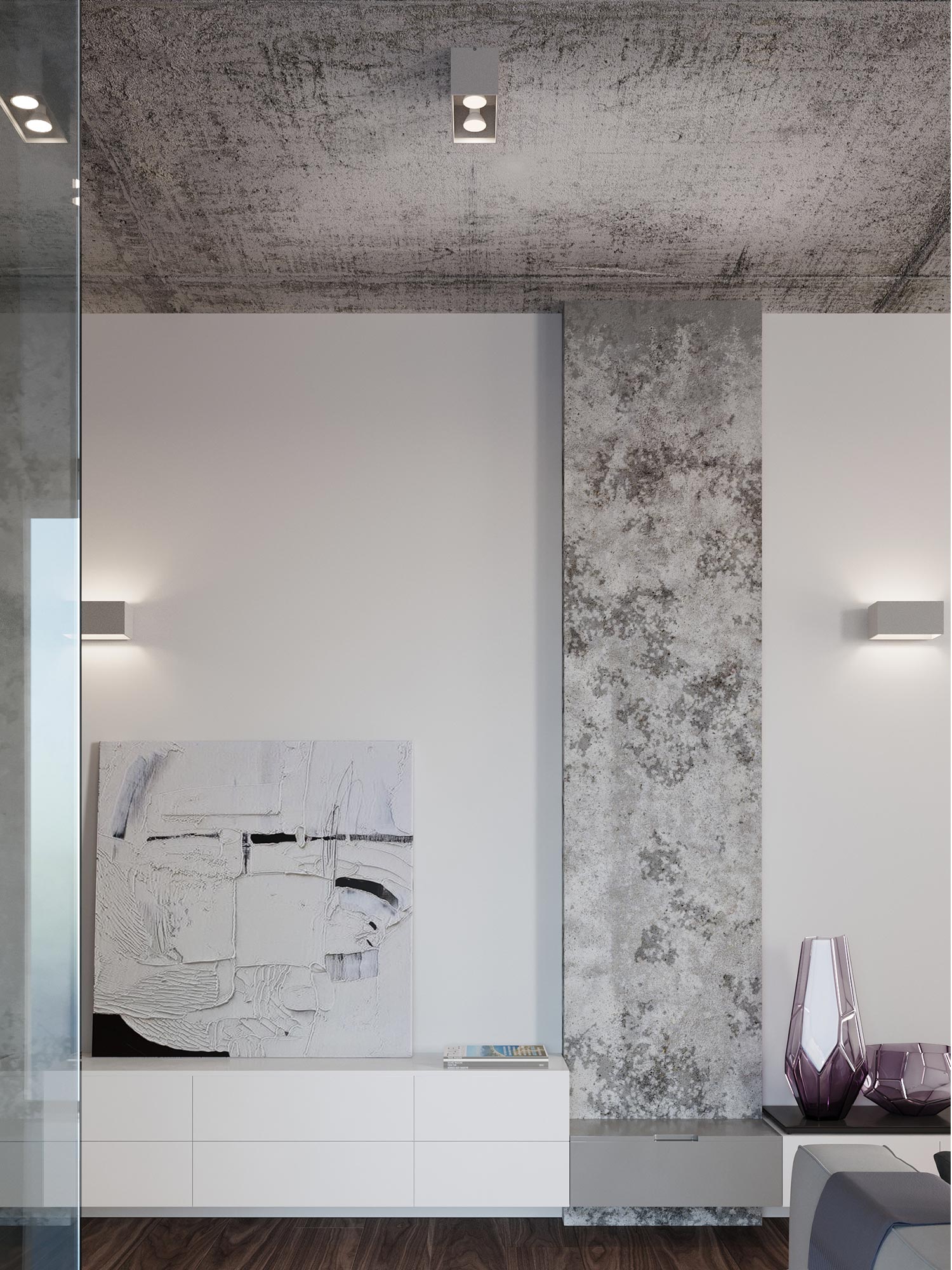 Nowoczesna lampa ścienna w białym salonie z dużym obrazem