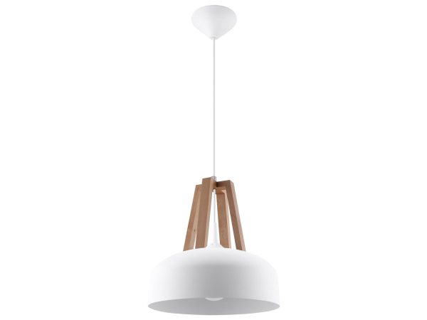 Biała lampa wisząca z drewnianym akcentem w stylu skandynawskim