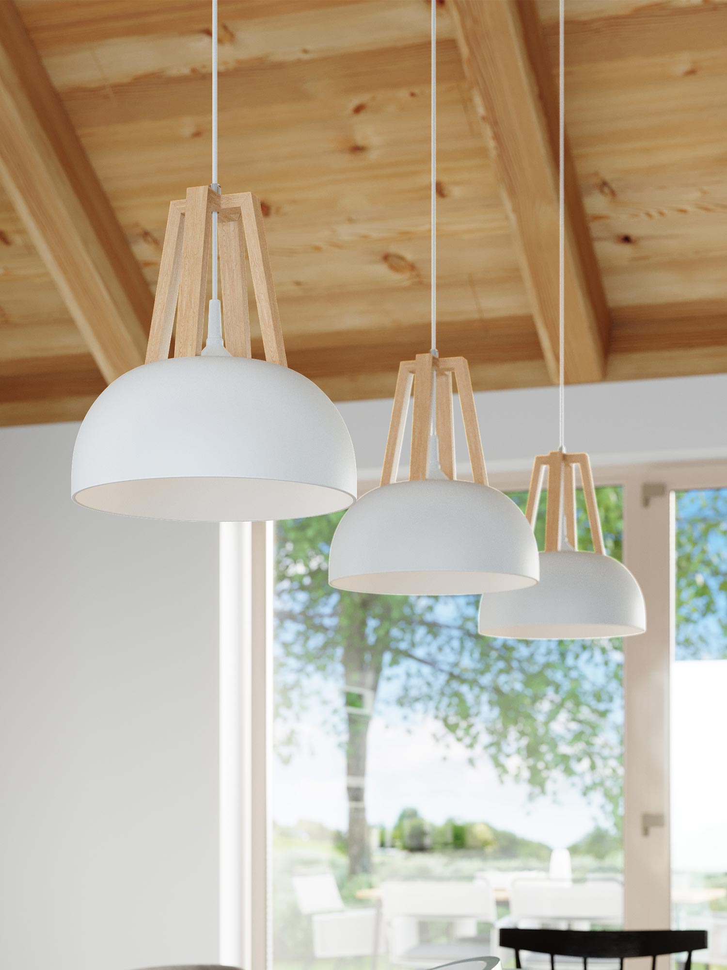 Lampa wisząca czarna z drewnianą nakładką w minimalistycznym wnętrzu Lampa wisząca czarna z drewnianą nakładką w minimalistycznym wnętrzu