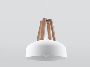 Miniaturka 2 - Lampa wisząca biała z prostym kloszem i drewnem