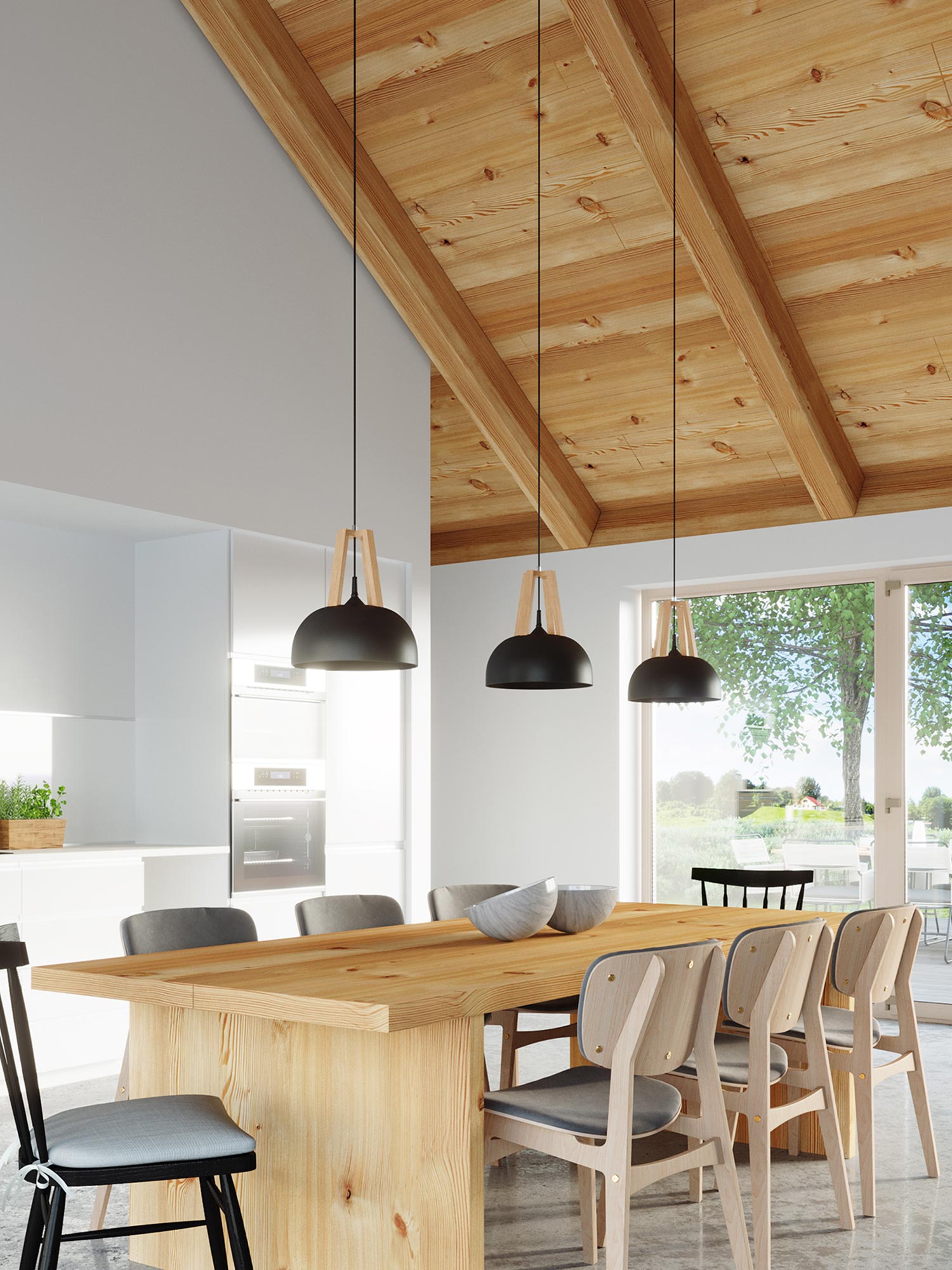 Drewniany sufit z trzema czarnymi lampami wiszącymi nad stołem Drewniany sufit z trzema czarnymi lampami wiszącymi nad stołem