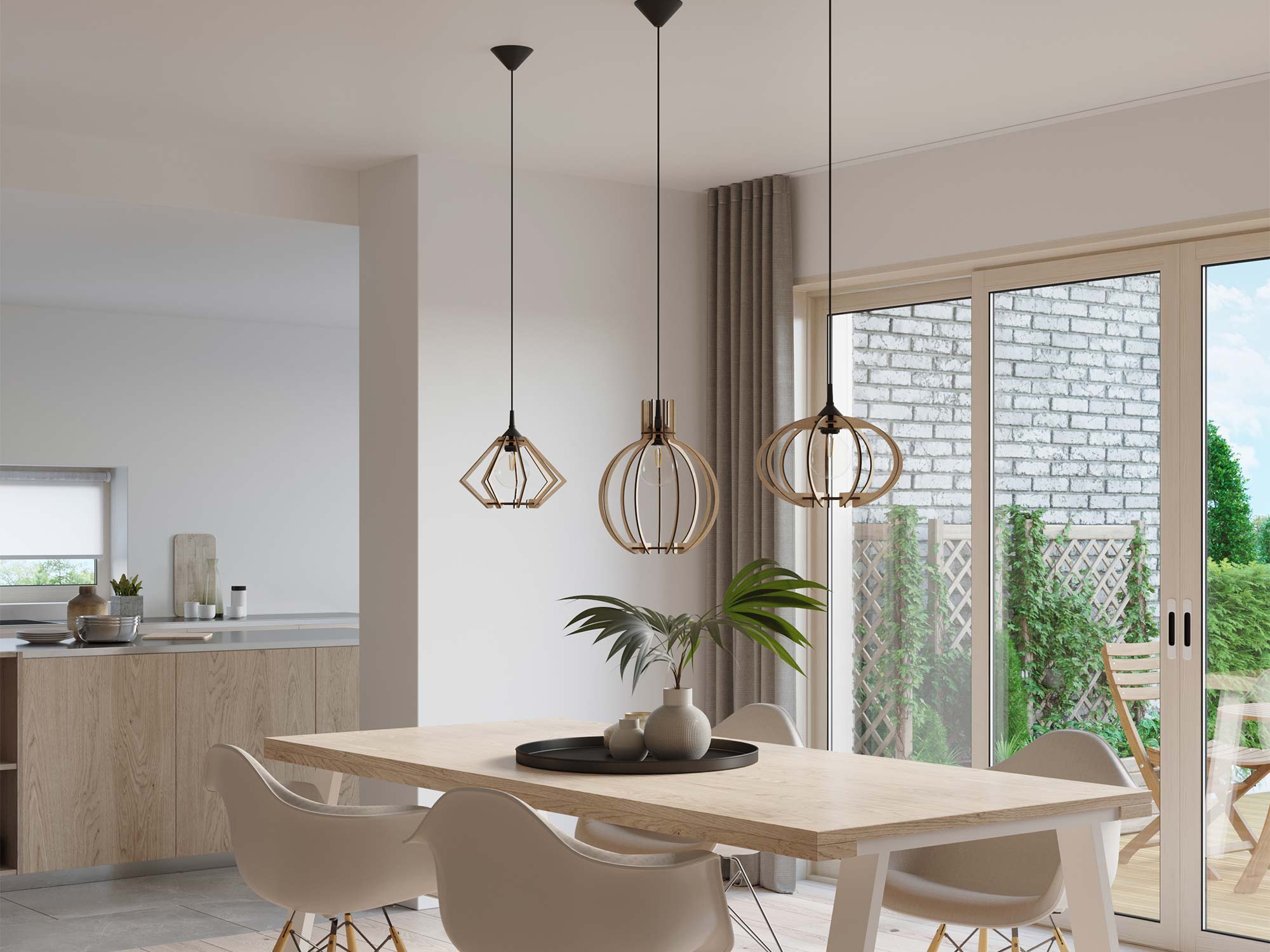 Drewniany stół z trzema lampami wiszącymi – nowoczesna jadalnia Drewniany stół z trzema lampami wiszącymi – nowoczesna jadalnia