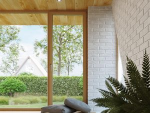 Miniaturka 10 - Salon z drewnianym sufitem i czarną lampą LED z reflektorami