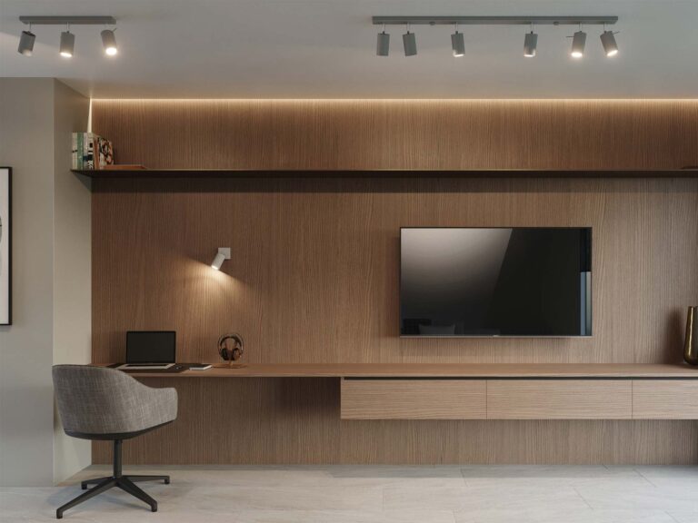 Minimalistická kancelář ve stylu japandi warm
