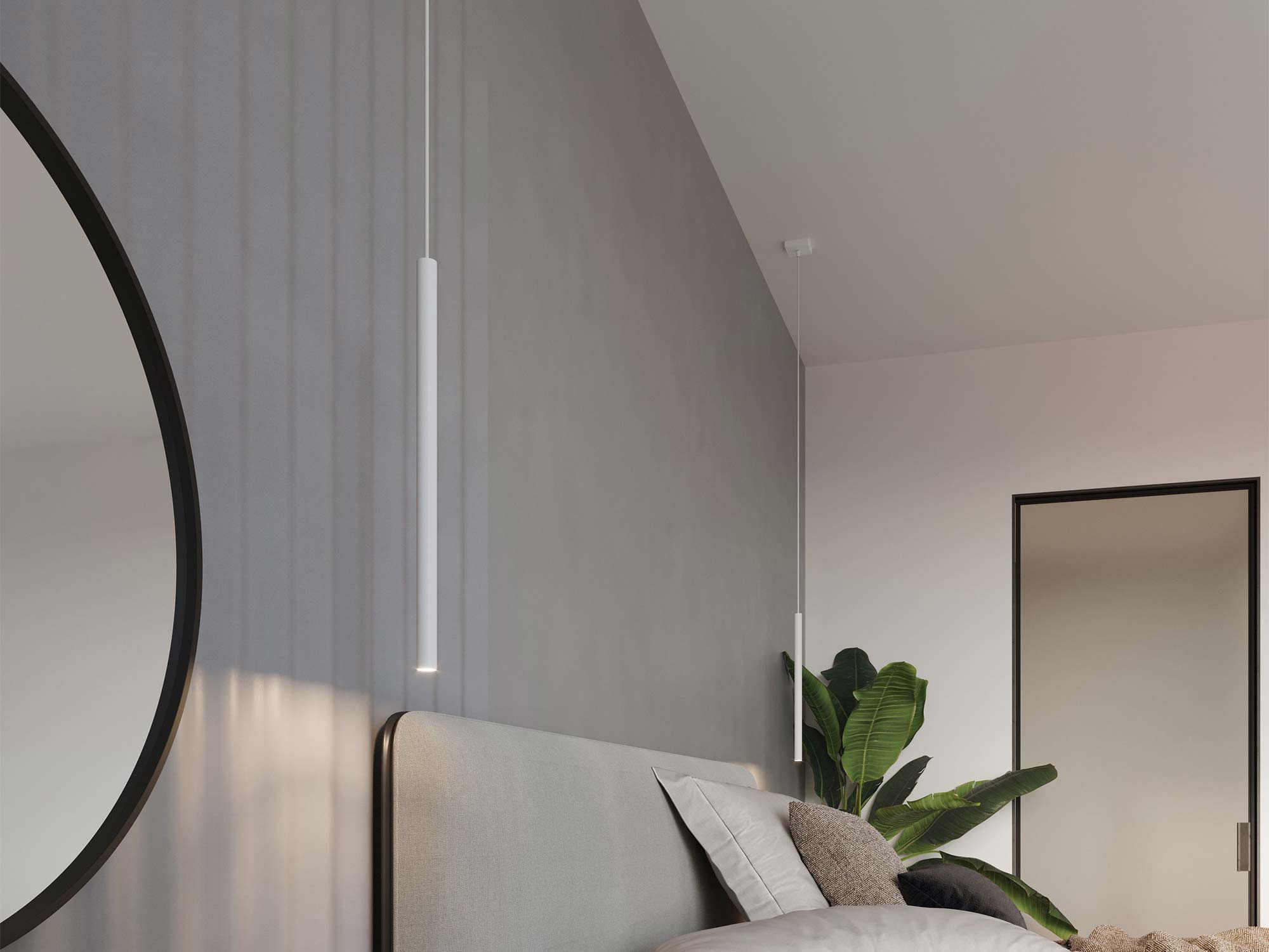 Nowoczesna sypialnia z wąską lampą wiszącą nad stolikiem nocnym Nowoczesna sypialnia z wąską lampą wiszącą nad stolikiem nocnym