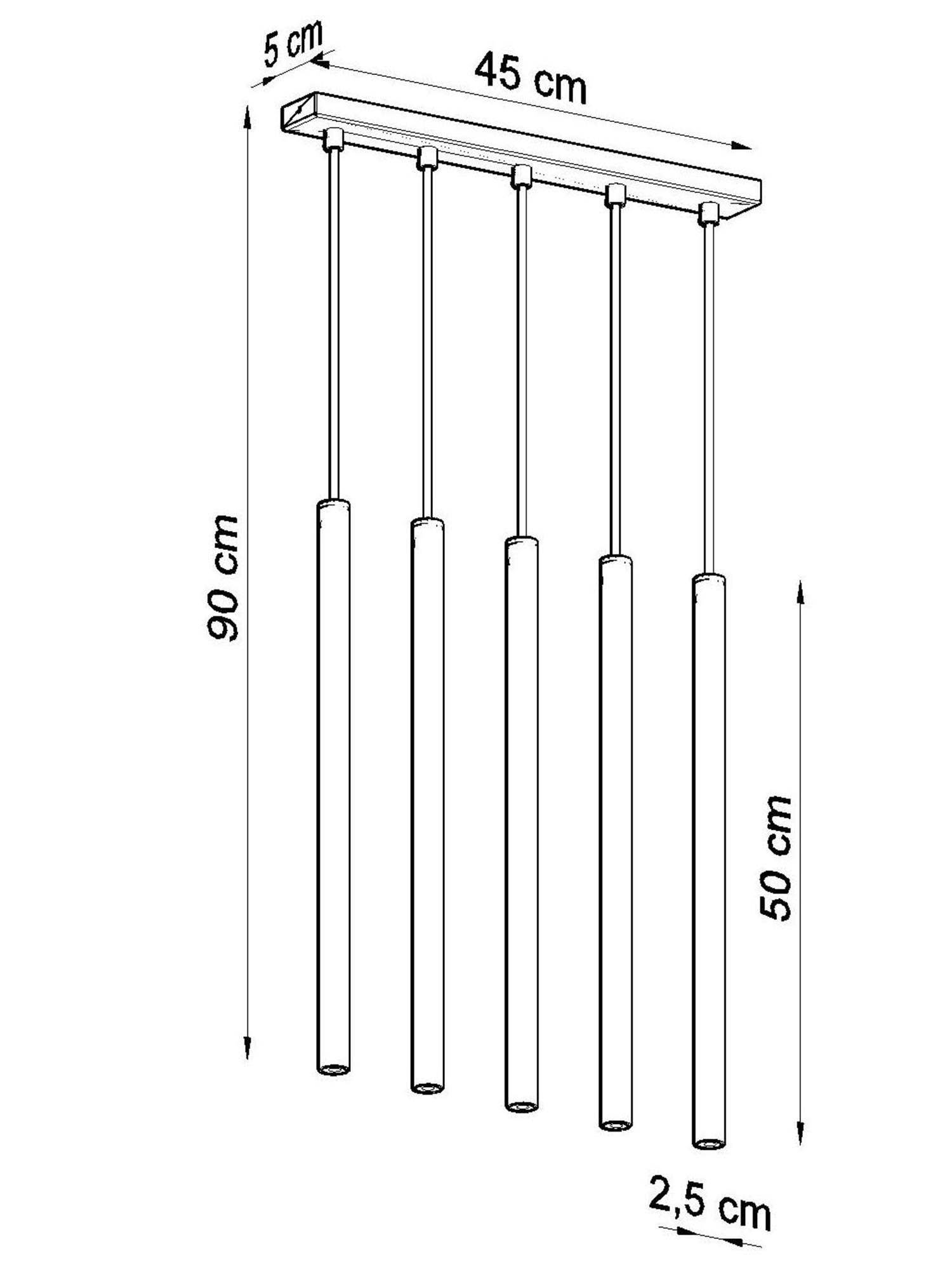 Wymiary lampy wiszącej LED z pięcioma przewodami, 90 cm długości Wymiary lampy wiszącej LED z pięcioma przewodami, 90 cm długości
