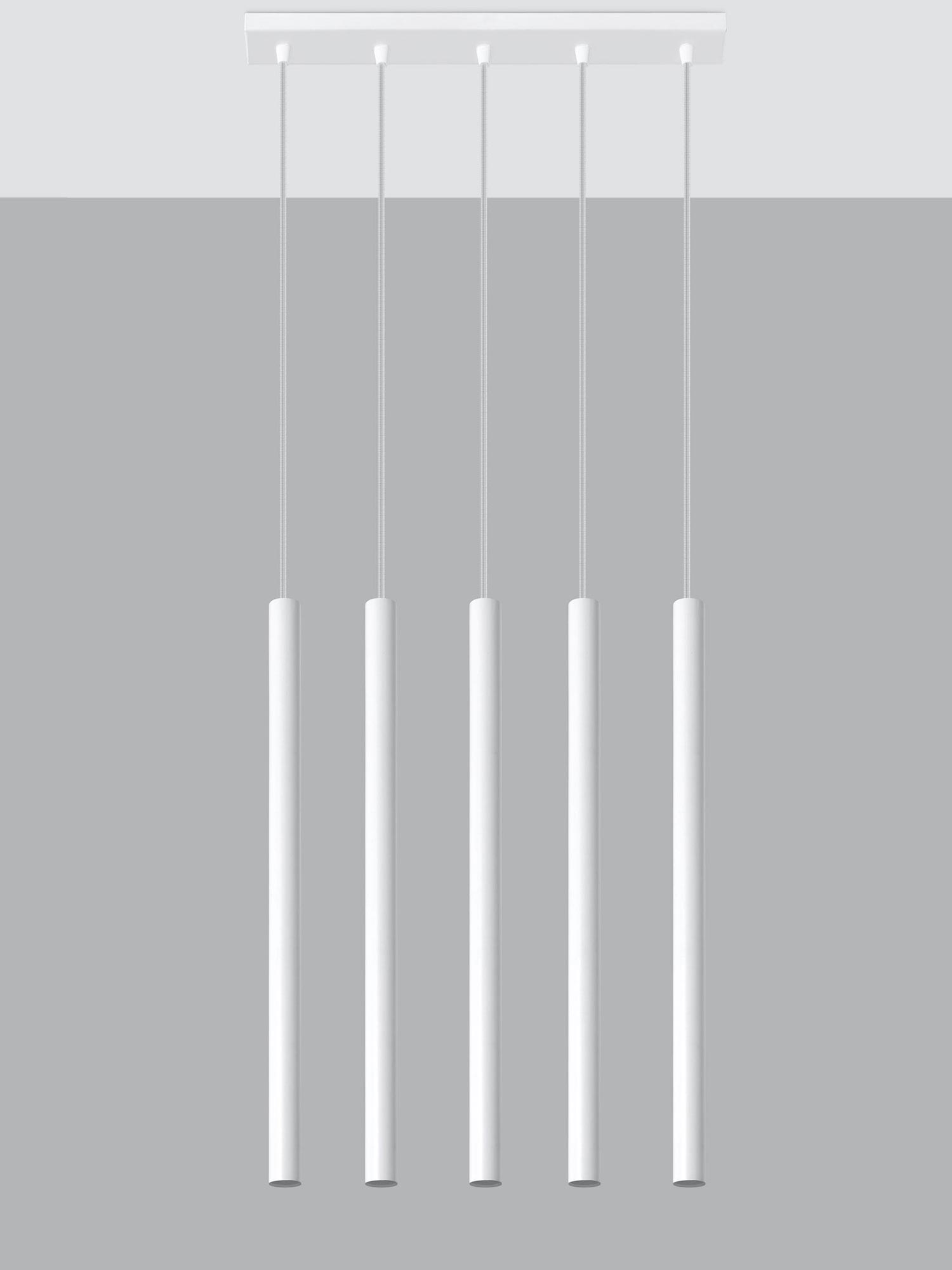 Designerska lampa sufitowa z pięcioma smukłymi białymi tubami LED Designerska lampa sufitowa z pięcioma smukłymi białymi tubami LED