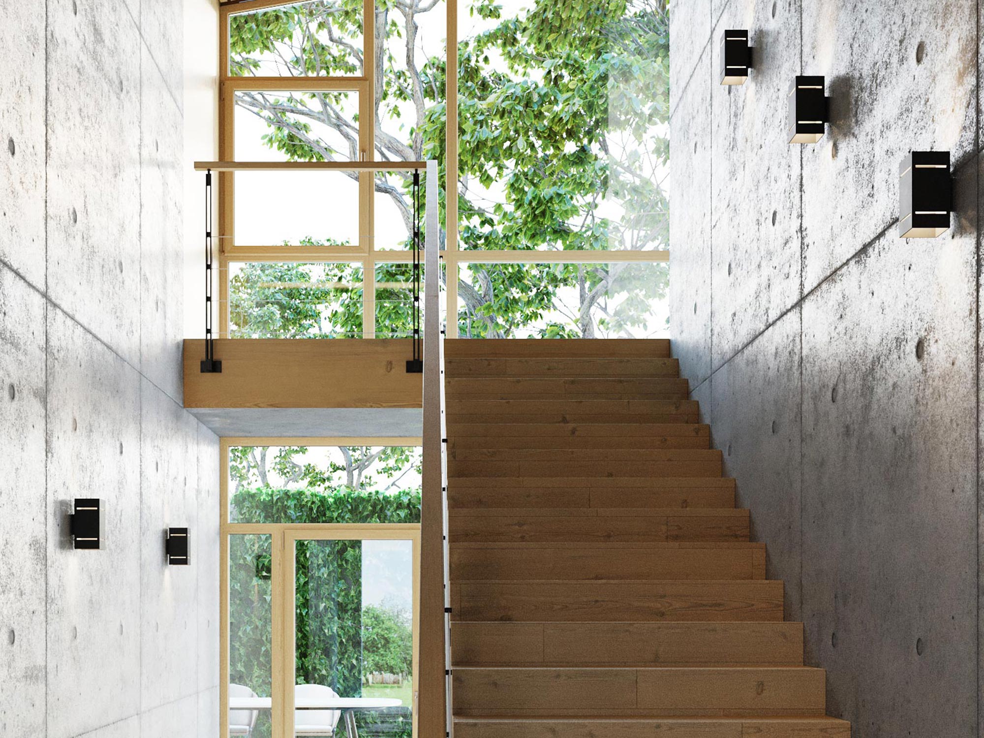 Schody z drewnianą balustradą i kinkietem LED na ścianie Schody z drewnianą balustradą i kinkietem LED na ścianie