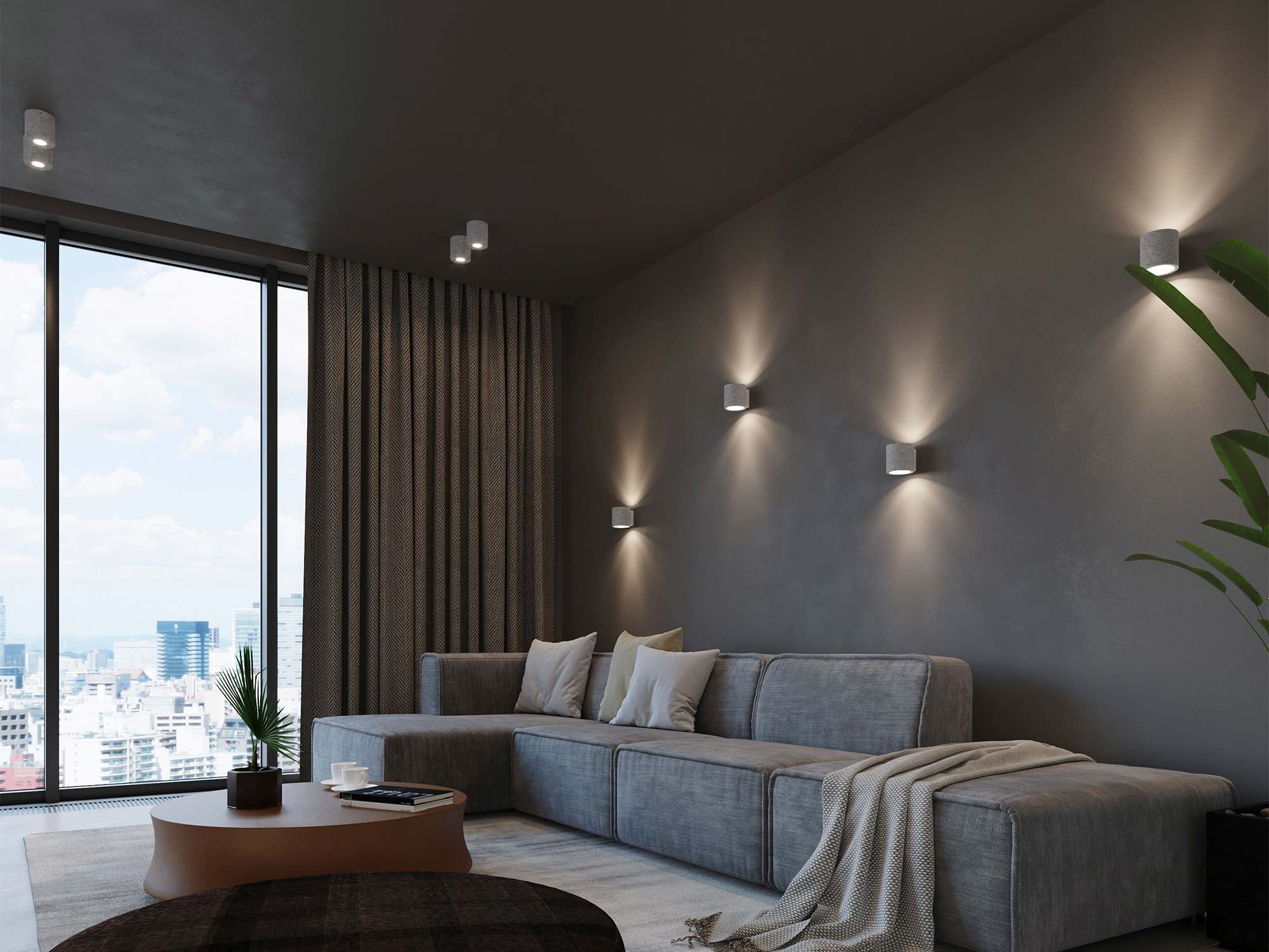 Nowoczesne wnętrze z trzema kinkietami ściennymi przy zasłonach Nowoczesne wnętrze z trzema kinkietami ściennymi przy zasłonach