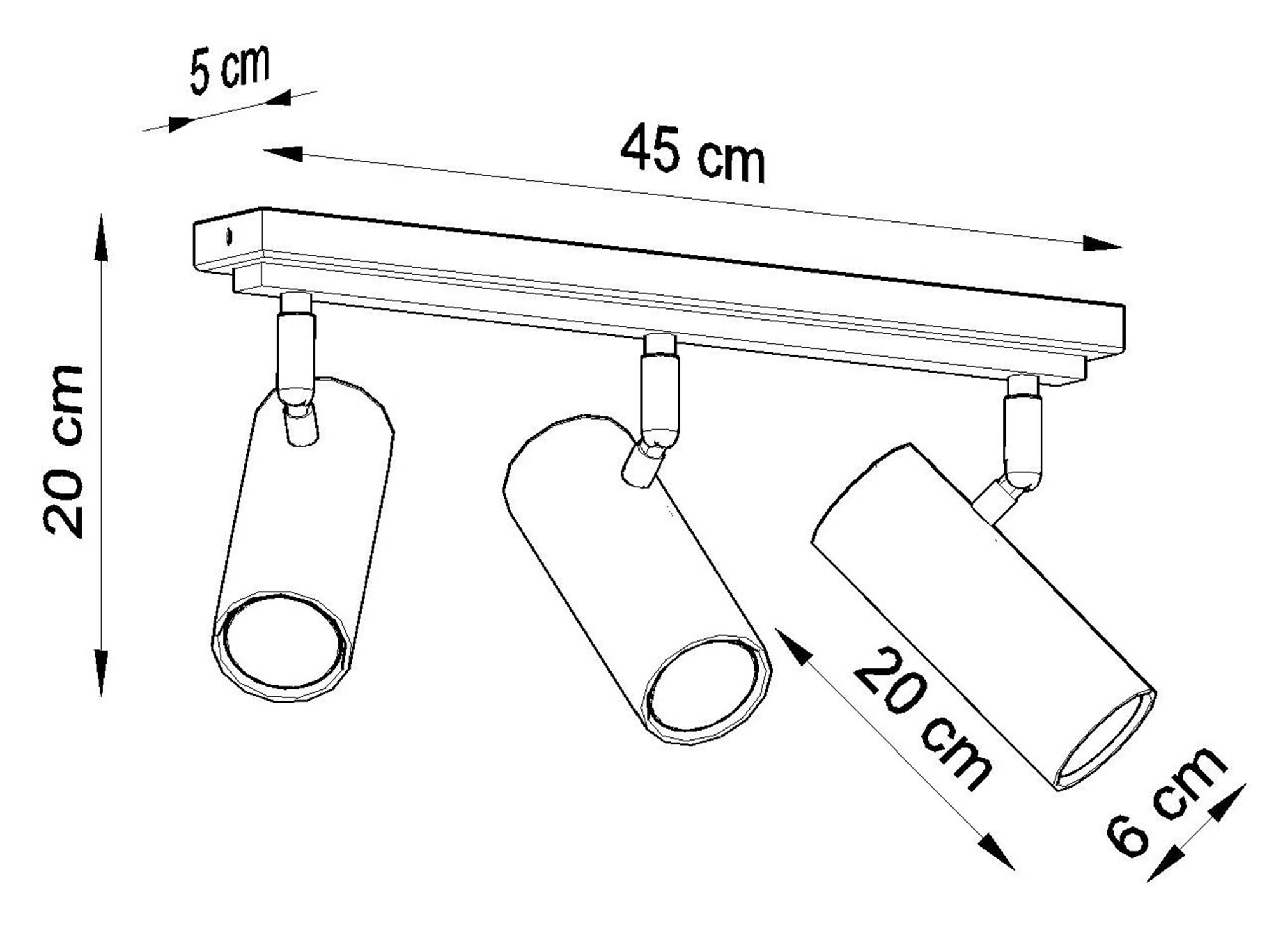 Rysunek techniczny lampy z trzema reflektorami LED, 45x20 cm Rysunek techniczny lampy z trzema reflektorami LED, 45x20 cm