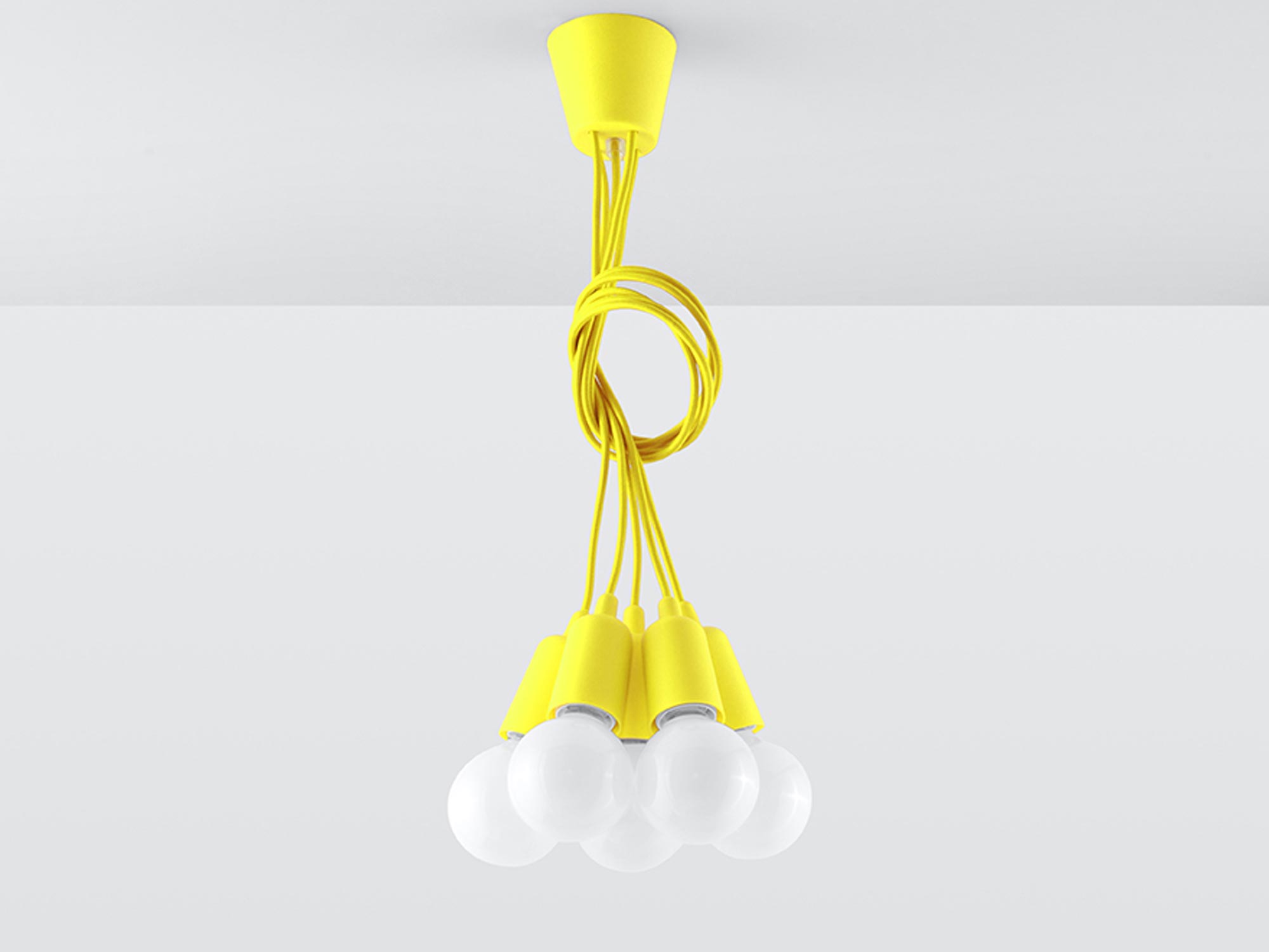 Designerska żółta lampa z kulistymi żarówkami LED, styl industrialny Designerska żółta lampa z kulistymi żarówkami LED, styl industrialny