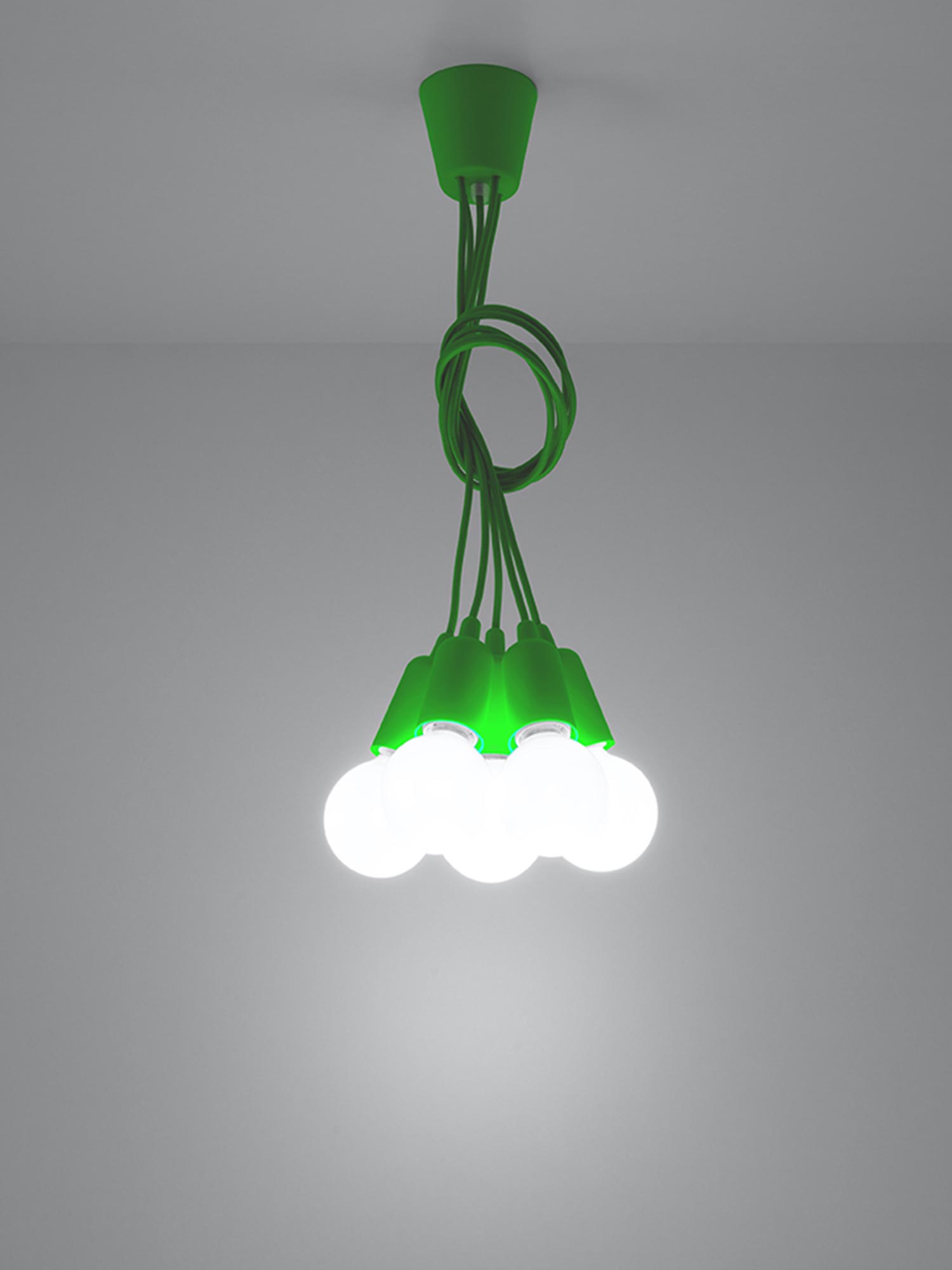 Zielona lampa wisząca z kablami i białymi żarówkami LED Zielona lampa wisząca z kablami i białymi żarówkami LED