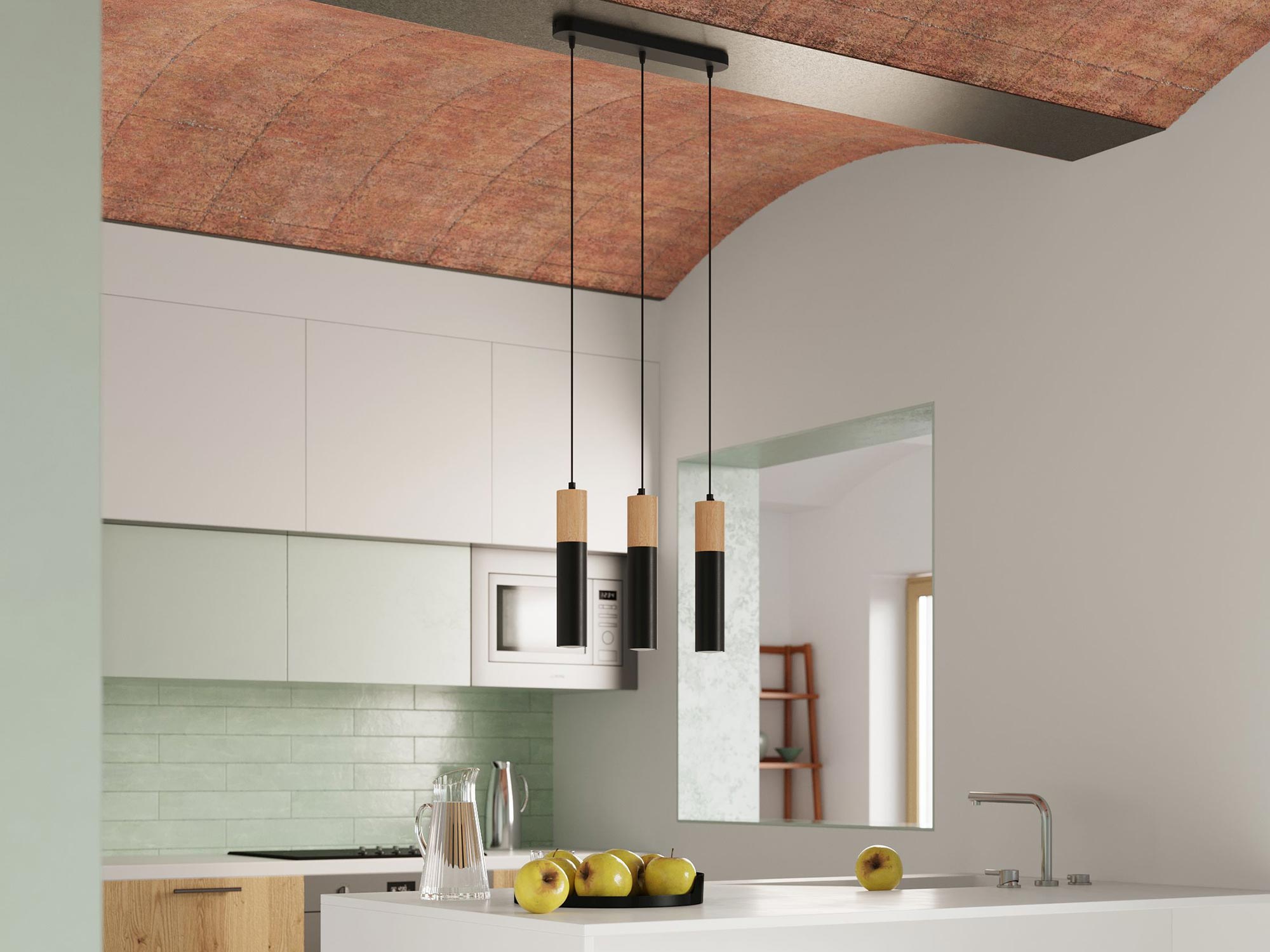 Nowoczesne lampy sufitowe z czarnymi kloszami w kuchni z drewnianym sufitem