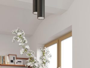 Miniaturka 11 - Lampa wisząca cylindryczna z drewna i czarnego metalu