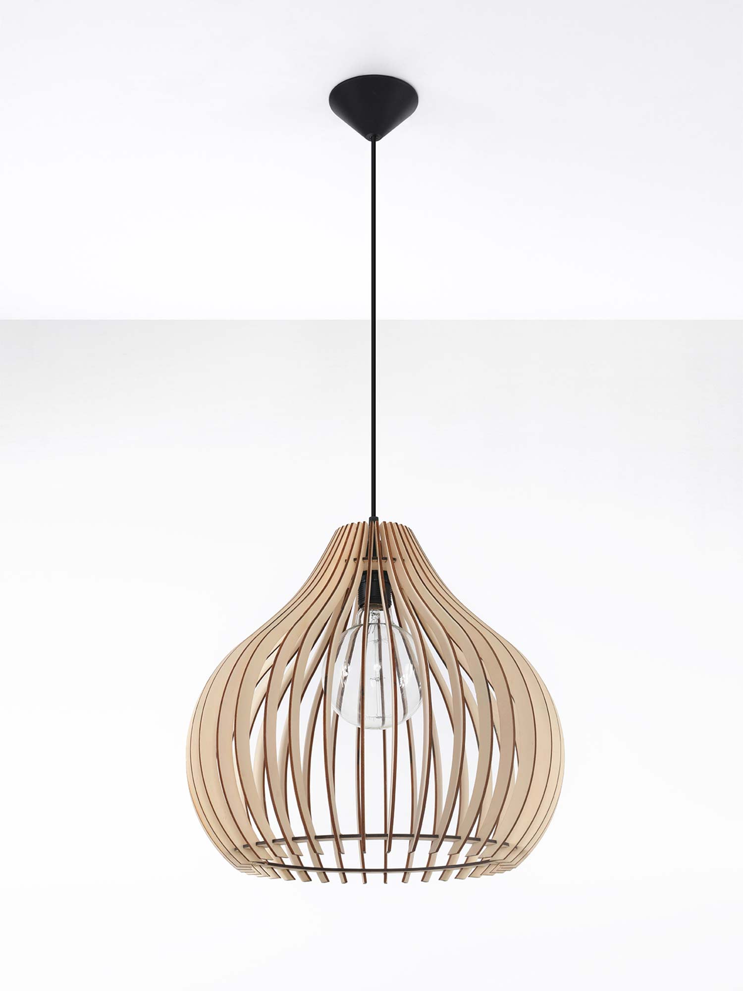 Elegancka lampa drewniana w kształcie łzy – czarna podsufitka Elegancka lampa drewniana w kształcie łzy – czarna podsufitka