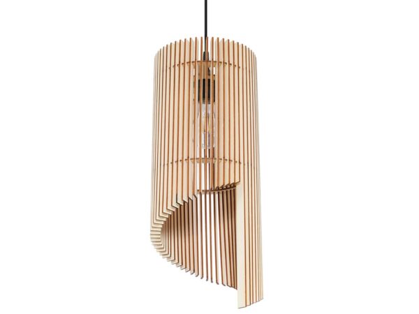 Zwisająca spiralna lampa z drewnianych lameli – styl ekologiczny