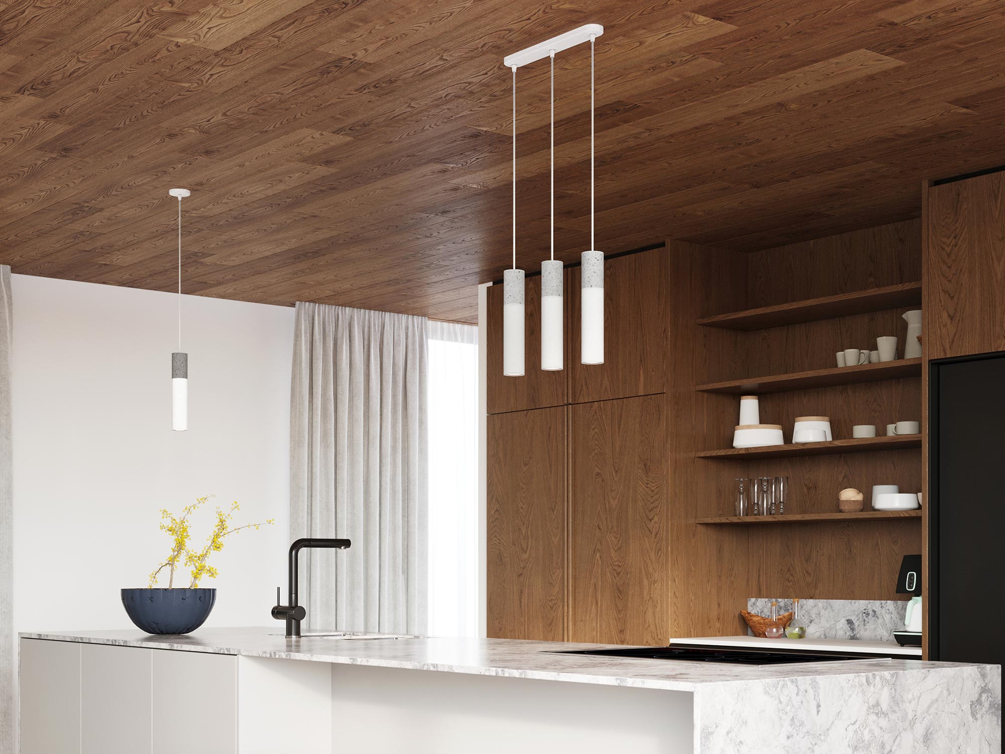 Nowoczesne białe lampy sufitowe w drewnianej kuchni w stylu skandynawskim Nowoczesne białe lampy sufitowe w drewnianej kuchni w stylu skandynawskim