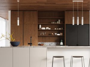 Miniatura 10 - Sestava tří bílých lamp v moderní kuchyně z dřevěnými čely