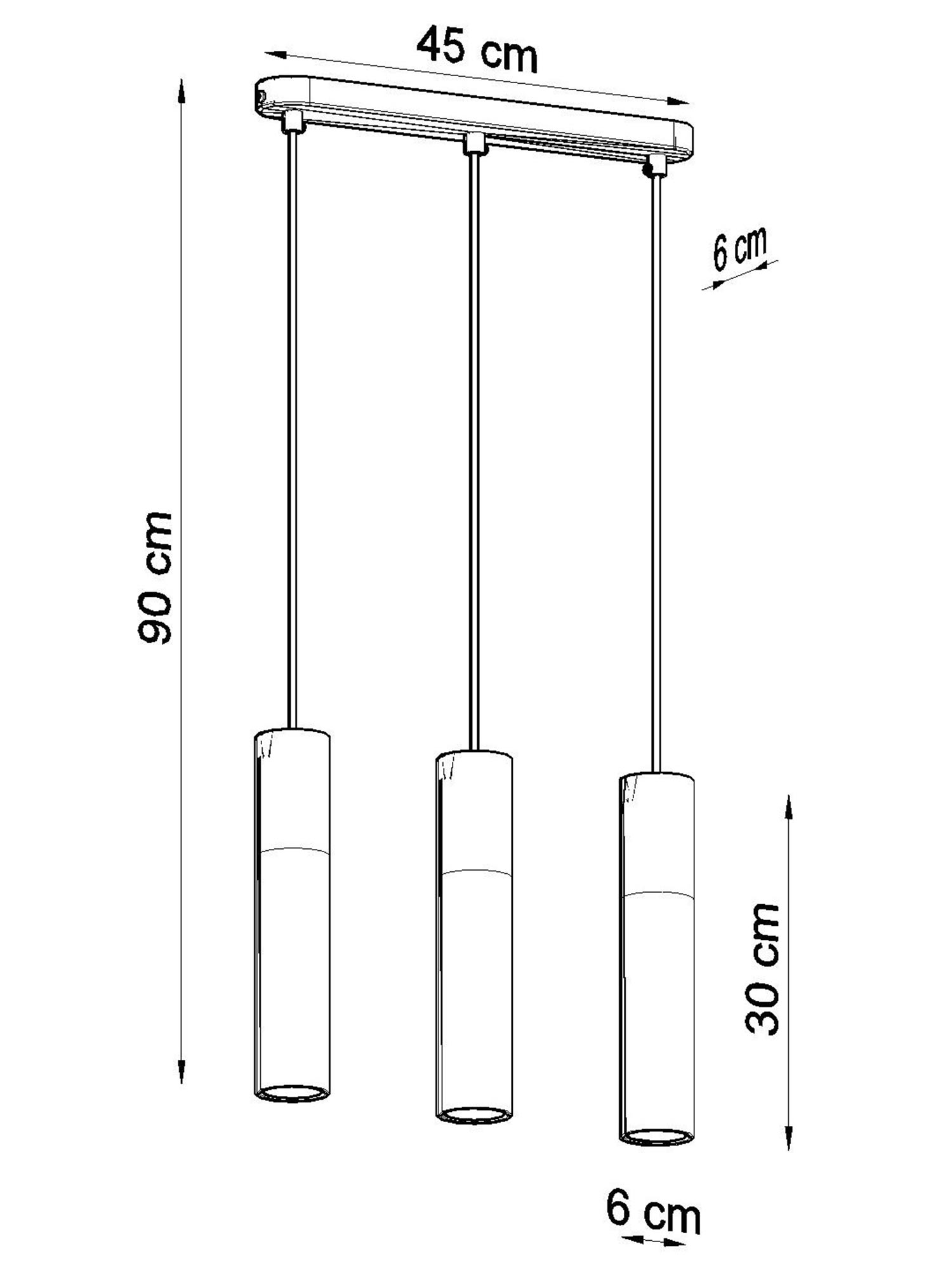 Techniczny rysunek trzech wiszących lamp z wymiarami 30 × 89 cm Techniczny rysunek trzech wiszących lamp z wymiarami 30 × 89 cm