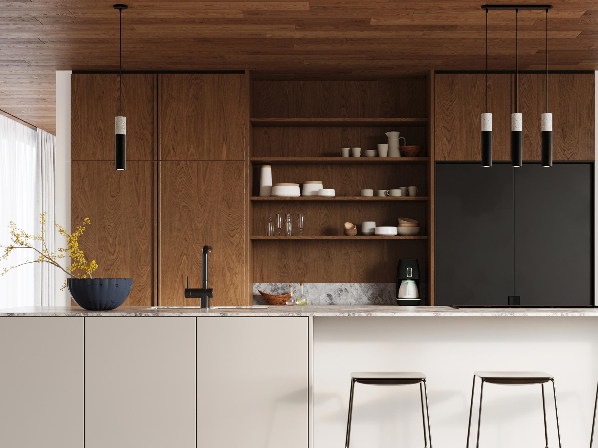 Aranżacja kuchni z zestawem wiszących czarnych lamp w stylu skandynawskim Aranżacja kuchni z zestawem wiszących czarnych lamp w stylu skandynawskim