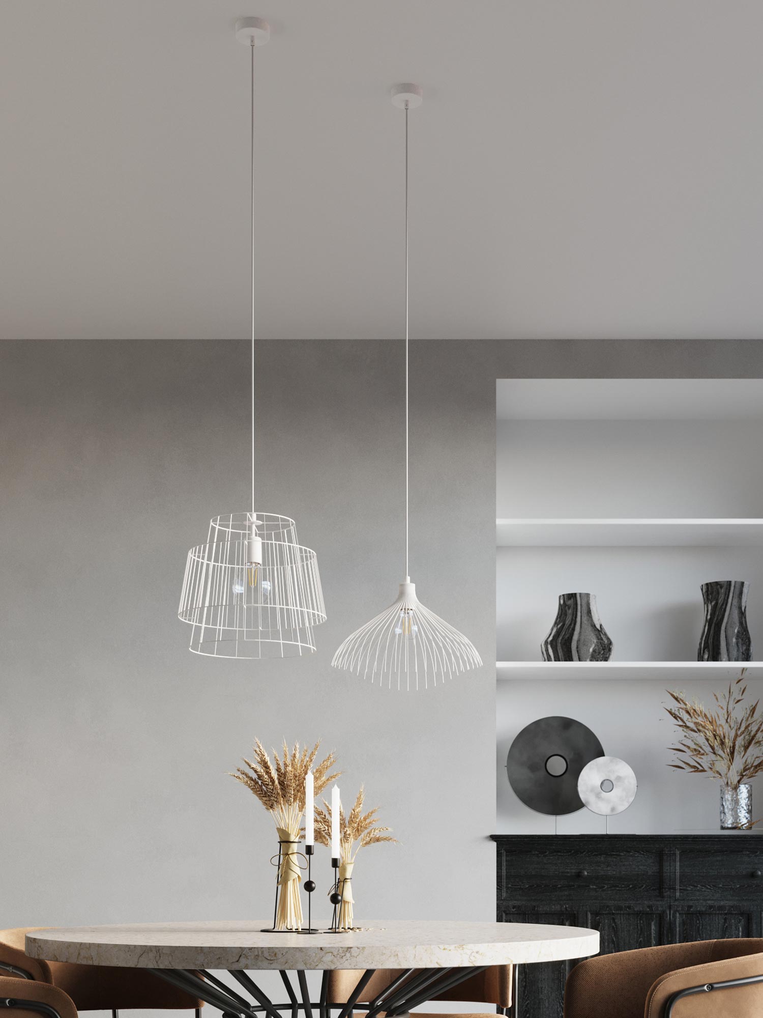 Aranżacja wnętrza z białą lampą o stalowej klatce Aranżacja wnętrza z białą lampą o stalowej klatce