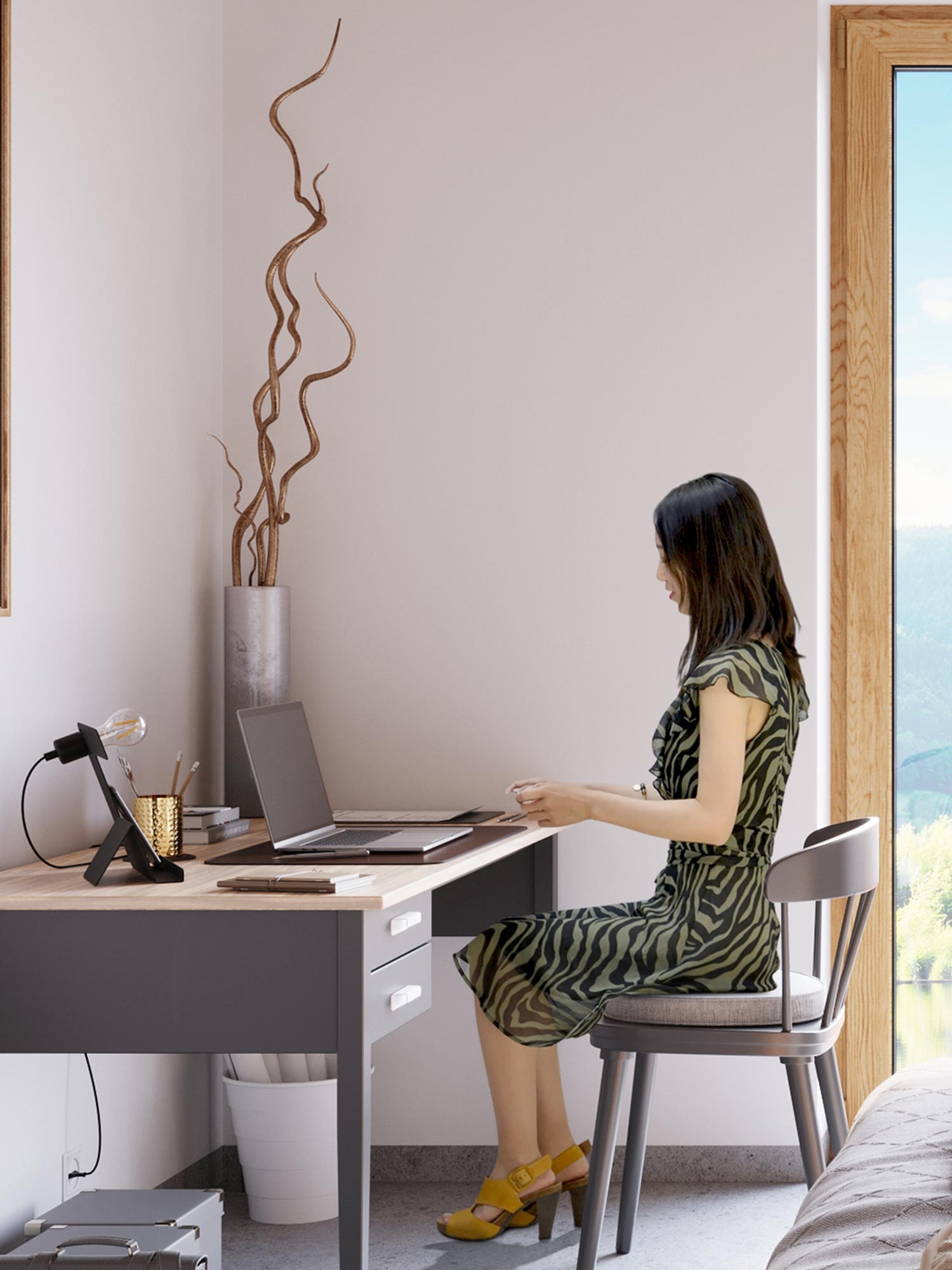 Kobieta pracująca przy białym biurku z designerską lampką LED Kobieta pracująca przy białym biurku z designerską lampką LED