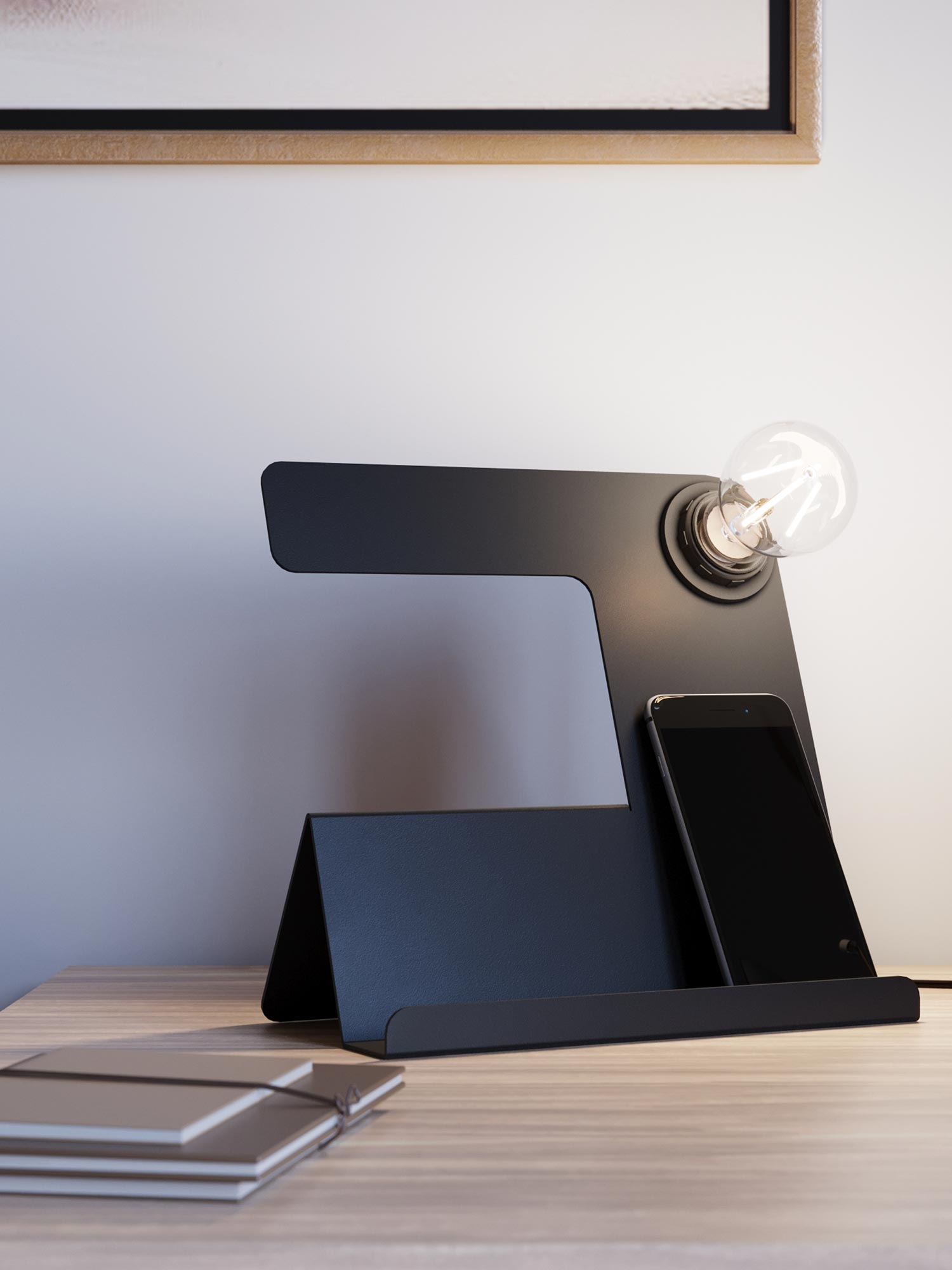 Designerska czarna lampka biurkowa z uchwytem na smartfona Designerska czarna lampka biurkowa z uchwytem na smartfona