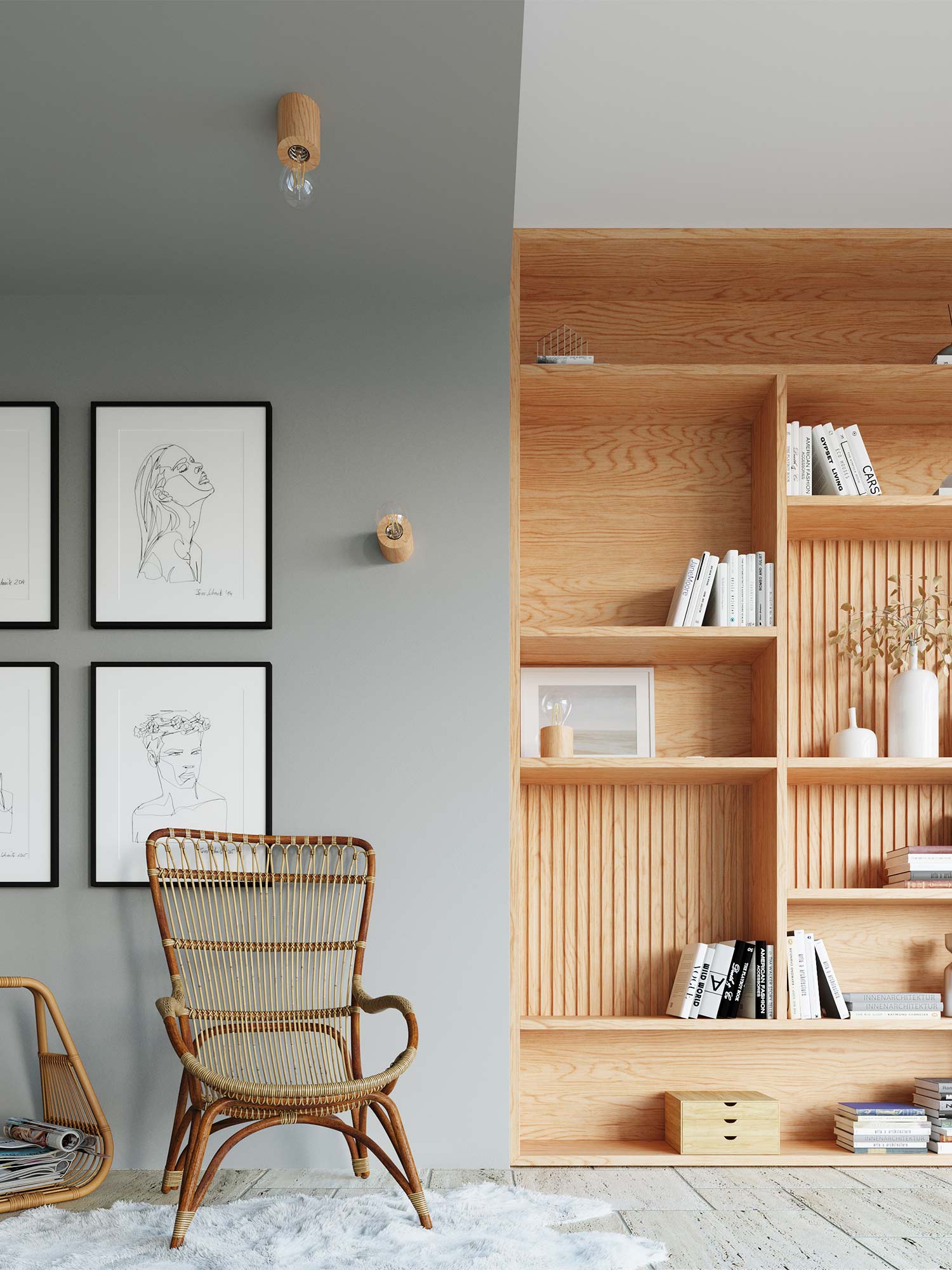 Drewniana lampa ścienna w pokoju z rysunkami w ramkach Drewniana lampa ścienna w pokoju z rysunkami w ramkach